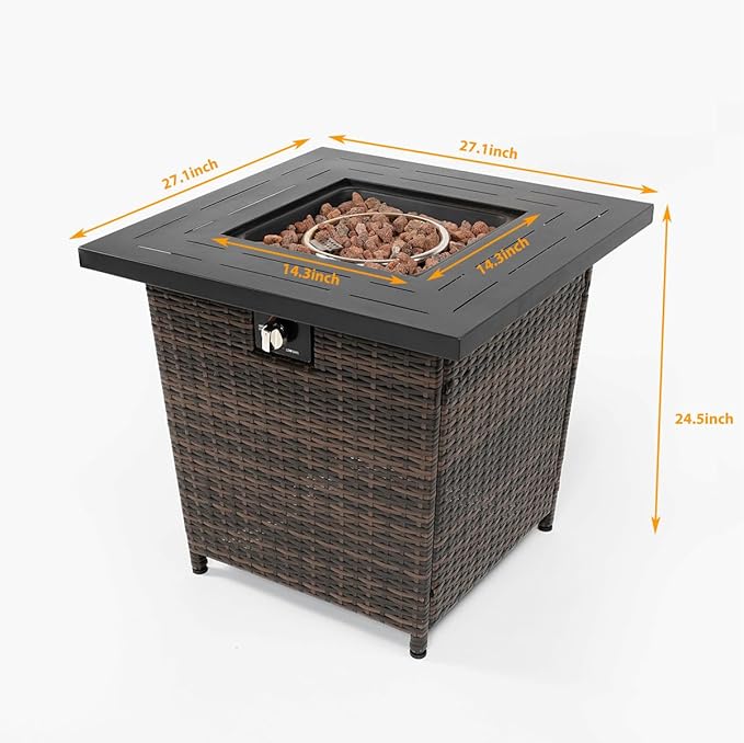 28'' Propane Fire Pit Table, 50,000 BTU Fire Table with Brown Wicker, Laval Rocks, Inclined Leg Design.