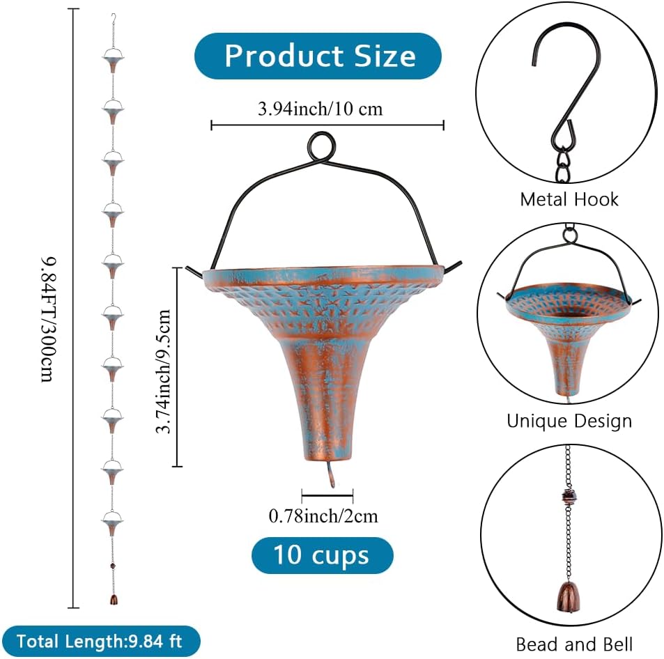 10 Ft Rain Chains for Gutters, Metal Rain Catcher Chain for Eaves Drainage, Rain Gutter Chains with 10 Blue Funnel Cups, Adjustable Rain Chain for Outdoor Decor