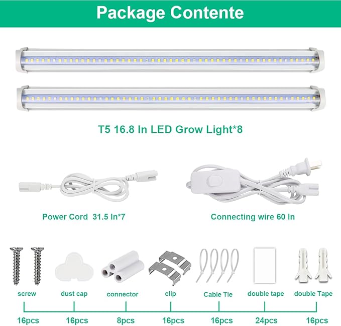 T5 Grow Lights 5000K Full Spectrum,1.4FT (8pcs x 10 Watts) Plant Growing Lamp,End-to-End Connectable Led Light Strips for Indoor Plants Succulents Flowers Growing