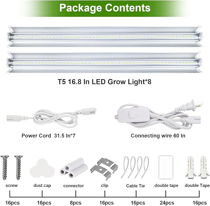 Grow Light T5 1.4Ft (8pcs x 10 Watts),5000k White Full Spectrum LED Lamp Plant Light Strips for Indoor Plant Growing,End-to-End Connectable with V-Shaped Reflector