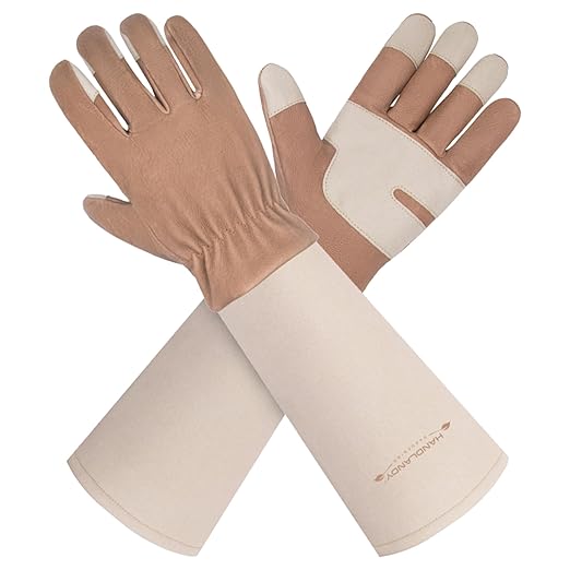 HLDD HANDLANDY Gardening Gloves for Women & Men, Leather Long Sleeve Rose Pruning Gloves, Thorn Proof Garden Work Gauntlet Animal Handling Gloves (Small, Light Brown)