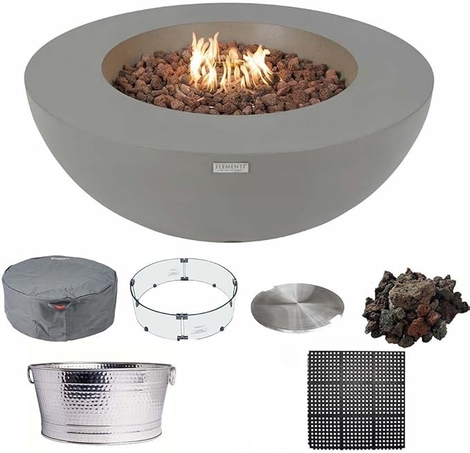 Elementi Lunar Bowl Fire Pit Bundle Outdoor Firepit Set Includes 42” Natural Gas Concrete Firepit, Glass Windscreen, Stainless Steel Cover, Canvas Cover, Floor Mat, and Beverage Tub