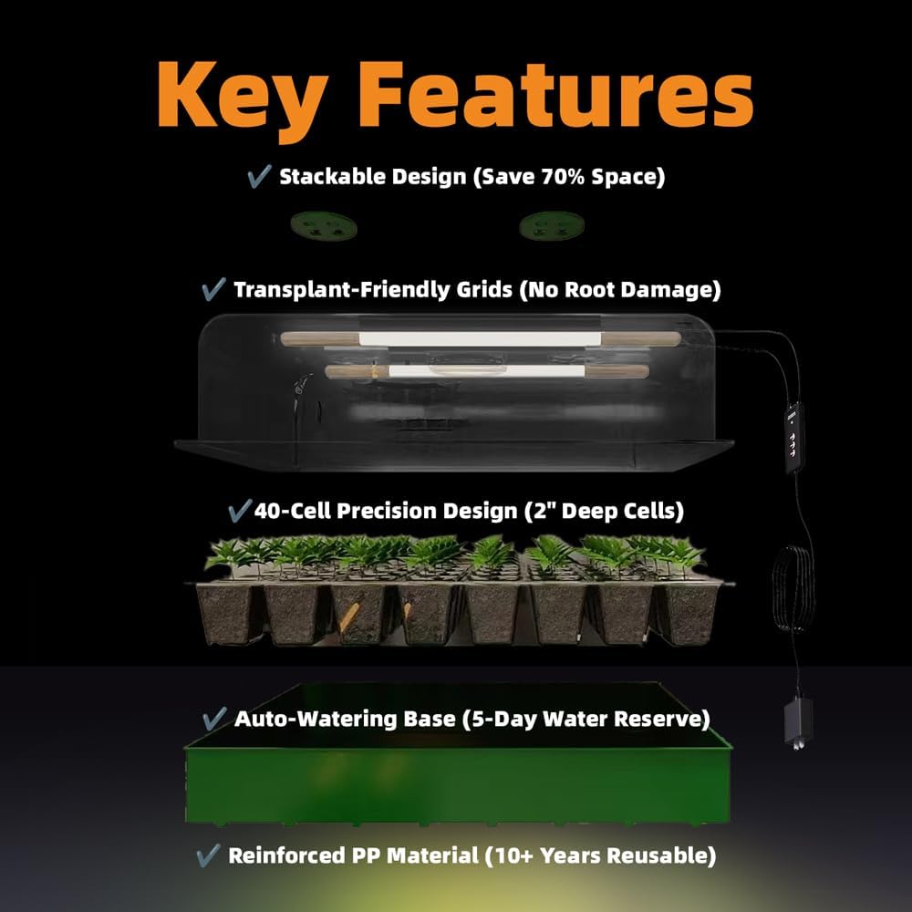 KSONE Seed Starter Tray Kit with Warming Light Strip 40 Cells: Grow Smarter, Faster & Effortlessly with Science-Backed Design for Indoor Greenhouses & Beginner Gardening
