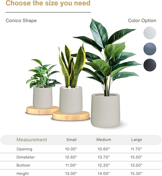 14" H x 13.7" D Conico Fiberstone Round Planter with Drainage Hole, Smooth Finishes, Weather Resistant for Indoor and Outdoor Use, Included 2 Extra Coco Mats (Taupe, 10.6" Pot Opening)