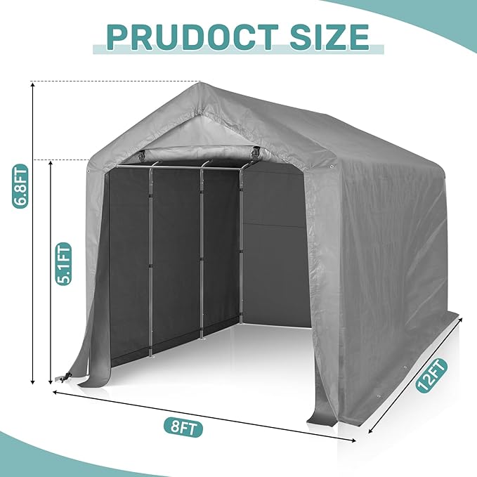 Outvita Outdoor Portable Storage Shed Tent, 8x12 ft Waterproof Carport with Roll-Up Zipper Door and Durable Galvanized Steel Frame, Ideal for Motorcycle, GTV, Bike, Wood Tool Lawn Mower Storage