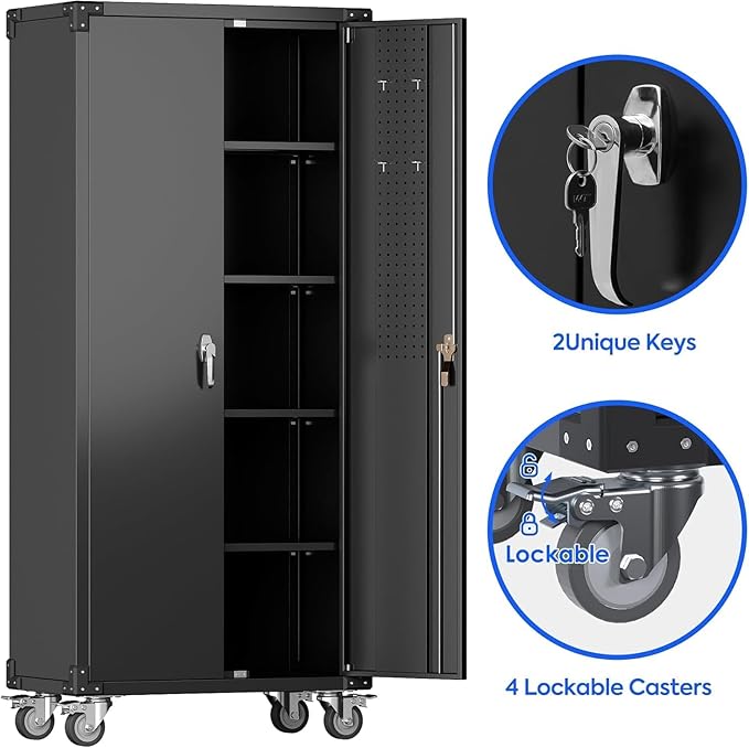 Metal Garage Storage Cabinet with Wheels and Pegboard, 72" H Rolling Steel Storage Cabinet with 4 Adjustable Shelves and Lockable Door for Garage, Office, Home,Required Assembly,Black