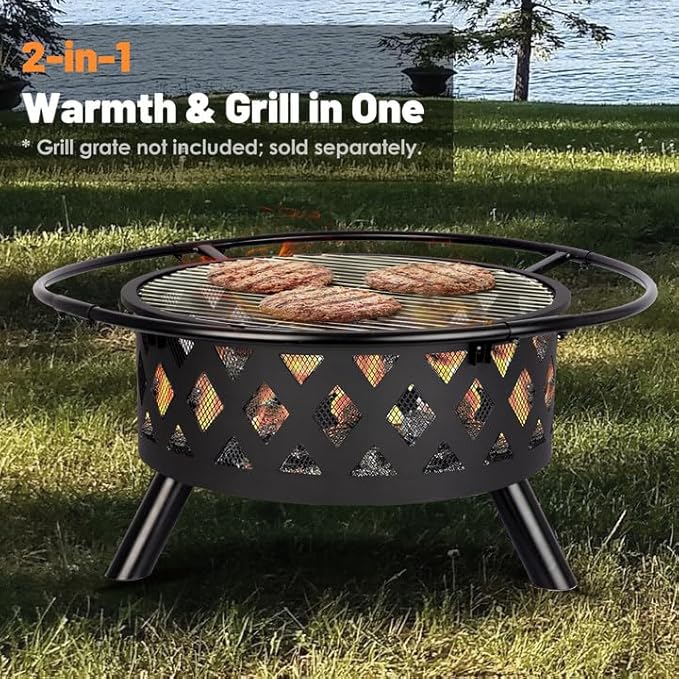 Red Mountain Valley 30'' Outdoor Wood Burning Fire Pit, 2-in-1 Large Round Fire Pit for Outside, Outdoor Fireplaces with Spark Screen, Fire Poker, Cover, Ideal for Patio, Backyard, Camping, Picnic