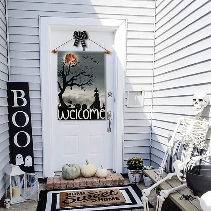Welcome Halloween House Flag 28x40 Inch Double Sided Burlap Large Witch Pumpkin Flag Outside Porch Decor Halloween Yard Decoration DF110-28