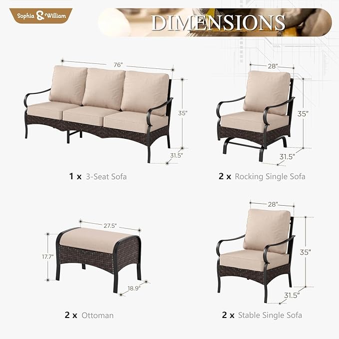 Sophia & William Patio Furniture Set, 7 Piece Metal Outdoor Conversation Set with 3-Seater Outdoor Couch, 4 Sofa Chairs, 2 Ottoman for Outdoor Seating, Backyard, Porch(Beige)