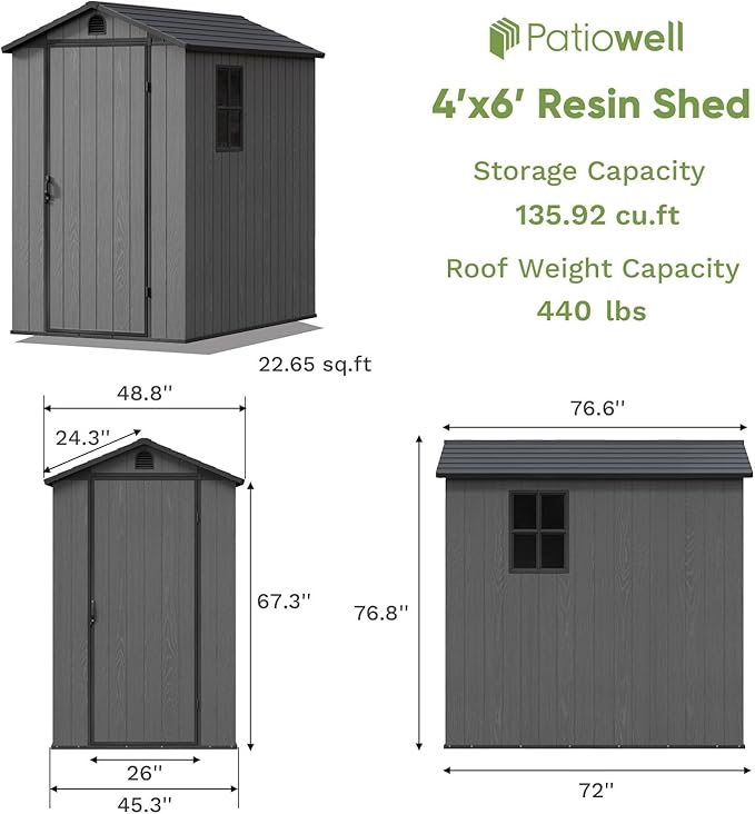 Patiowell 4' x 6' Outdoor Storage Shed with Floor, Plastic Shed Outside Resin Tool Shed with Window and Lockable Door for Backyard Garden Patio Lawn, Dark Grey (Fit-it Shed)