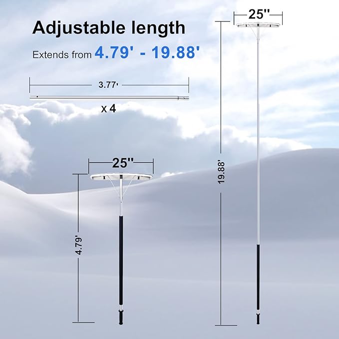 CHANGE MOORE Scratch Free Snow Roof Rake with Wheels for Snow Removal, 4.78’-19.88’ Extendable Aluminum Snow Rake for House Roof, Time-Saving Lightweight Roof Snow Removal Tool with 25" Blade