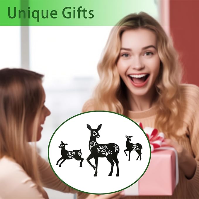 Outdoor Deer Stakes, Set of 3 Metal Deer Garden Decor for Outside,Black Silhouette Yard Art(Deer Black)