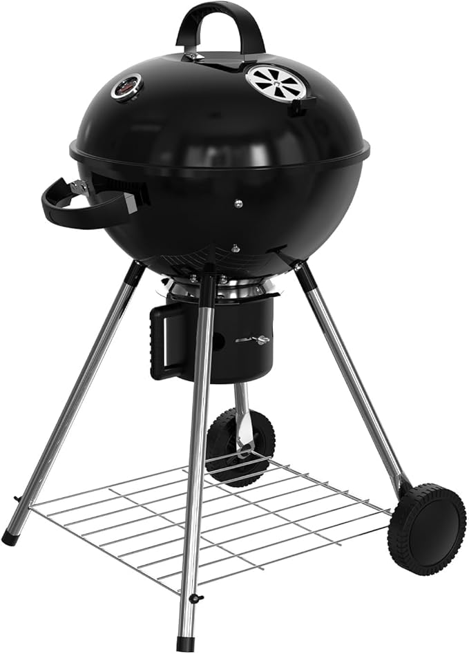 18.5-Inch Portable Charcoal Grill, Heavy Duty Kettle BBQ Smoker with Built-in Thermometer & Removable Water-Rinsable Ash Catcher for Outdoor Camping, Patio, Backyard, and Tailgating