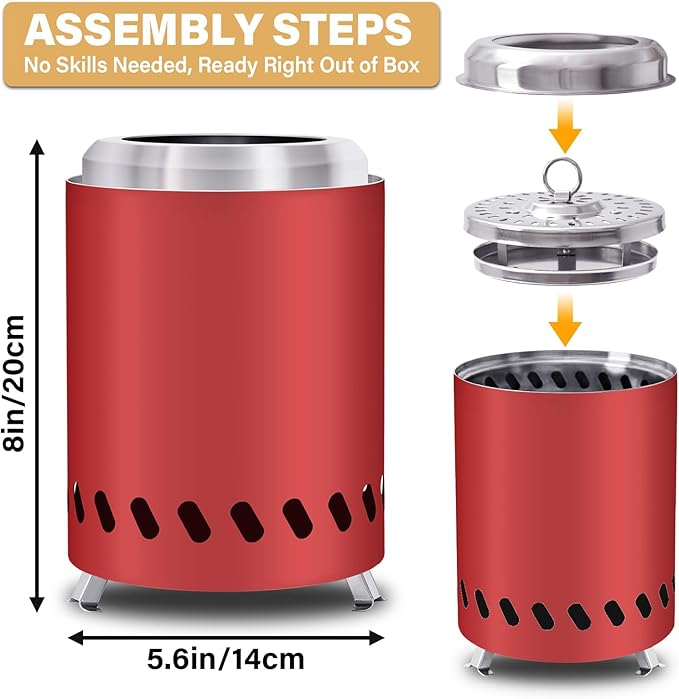 HGD Small Tabletop Fire Pit, Smokeless Table Top Firepit Outdoor, Portable Mini Stove with Carry Bag for Camping Backyard Patio Garden Picnic, Fueled by Pellets or Wood, Stainless Steel, Red