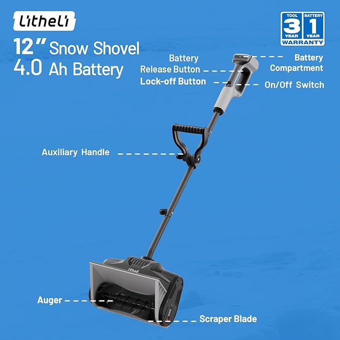 Litheli 20V Cordless Snow Shovel, 12'' Brushless Electric Snow Blower with 4Ah Batteries Included, Lightweight Battery-Powered Snow Thrower for Driveway & Sidewalk