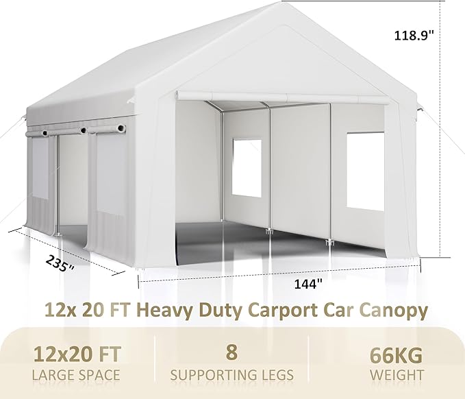 Carport 12' x 20' Heavy Duty Portable Garage, Carport Canopy with Side-Opening Door & Roll-Up Windows, Car Canopy Reinforced Four-Hole Base for Car, Truck, Boat, Party, White
