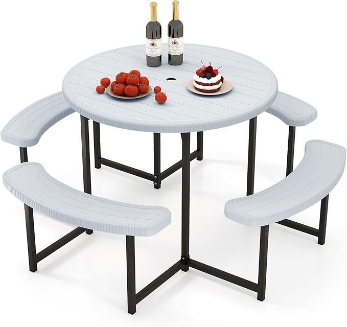 Giantex Picnic Table Bench Set for 4-8 Person, Round 37” Outdoor Dining Table w/Umbrella Hole, HDPE Tabletop, Metal Frame, Patio Furniture Set for Backyard Porch Lawn, 1400lb Capacity (White,Round)