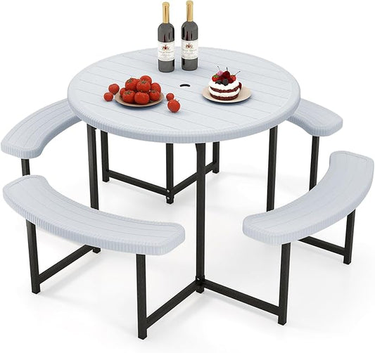 Giantex Picnic Table Bench Set for 4-8 Person, Round 37” Outdoor Dining Table w/Umbrella Hole, HDPE Tabletop, Metal Frame, Patio Furniture Set for Backyard Porch Lawn, 1400lb Capacity (White,Round)