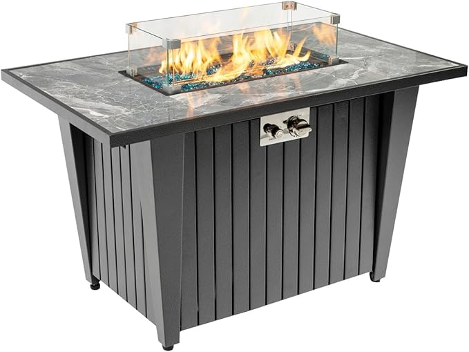 42'' Propane Fire Pit Table, Marble Tile Ceramic Tabletop with Glass Wind Guard, 50,000 BTU Fire Table, Inclined Leg and Art Powder Design, Blue Glass Rocks, Including Lid&Cover