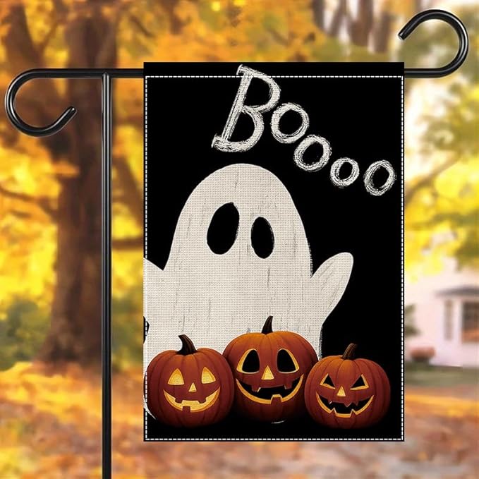 Halloween Garden Flag 12x18 Inch Double Sided, Boo Ghost Pumpkin Yard flag, Spooky Outdoor Halloween Party Decoration for Porch, Patio, Lawn, Garden, Indoor & Outdoor Décor