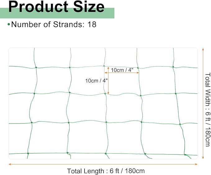HARFINGTON Trellis Netting for Climbing Plants 6 x 6ft 18 Strands Heavy Duty Garden Trellis Netting Polyethylene Plant Support Net with 4" x 4" Mesh for Fruits Vegetables Cucumber