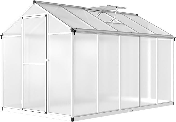 10x6.25FT Greenhouse,Easy Assembly Aluminum Polycarbonate Walk-in Greenhouse with Roof Vent,Large Outdoor Garden Green House,Patio,Backyard,White