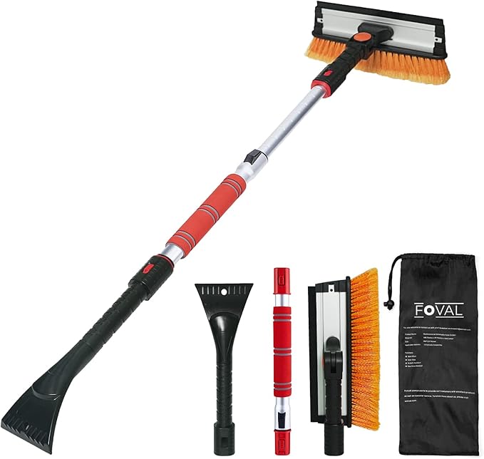 FOVAL 47.2" Extendable Ice Scraper Snow Brush with Squeegee for Windshield Window Car Trucks SUVs, 270° Pivoting Brush Head, Essential Winter Tool Ice Snow Remover with Comfortable Foam Grip