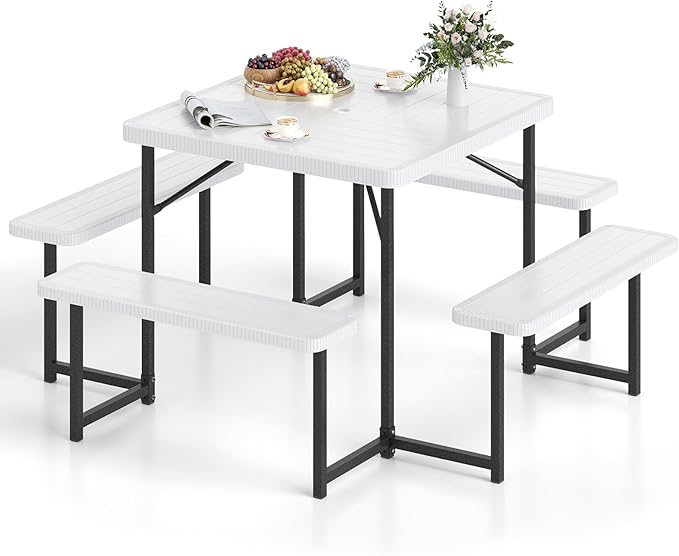 Tangkula 8 Person Picnic Table, HDPE Outdoor Square Table and Bench Set with 4 Built-in Benches, Umbrella Hole, Metal Frame for Garden Yard Patio Lawn