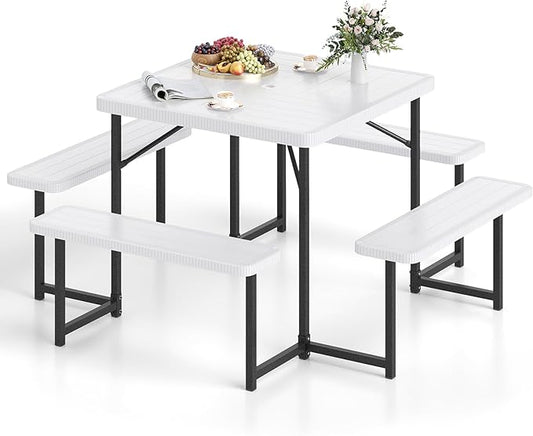 Tangkula 8 Person Picnic Table, HDPE Outdoor Square Table and Bench Set with 4 Built-in Benches, Umbrella Hole, Metal Frame for Garden Yard Patio Lawn