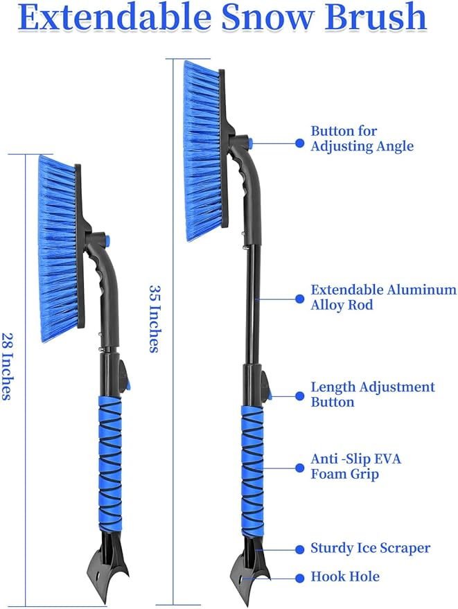 HEEYA Snow Brush for Car, Extendable Snow Brush and Ice Scraper with Foam Grip, Car Window Scraper for Snow and Ice for SUV Truck Auto Jeep RV Vehicle Windshield - Blue
