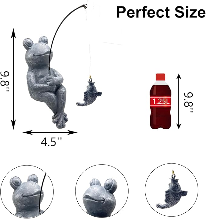 Frog Fishing Statue Garden Decor – 9.8" Weatherproof Resin Frog Fishing Sculpture Decor for Fish Ponds, Koi Ponds, Waterfalls, Poolside & Outdoor Gardens– Resin Figurine for Indoor & Outdoor Décor
