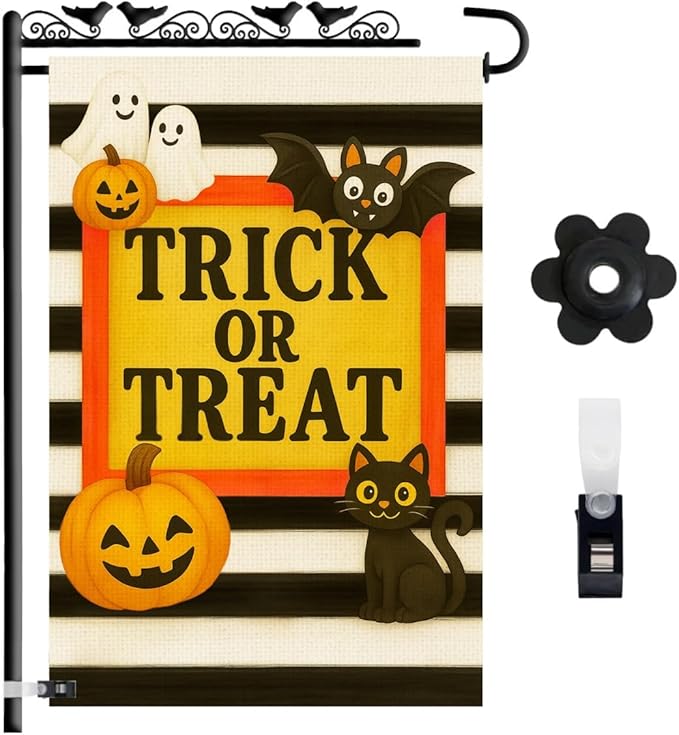 Halloween Garden Flag 12x18 Double Sided – Trick or Treat Yard Flag with Pumpkins, Ghosts, Bat, Cat – Fall Outdoor Burlap Halloween Flag for Garden or Lawn