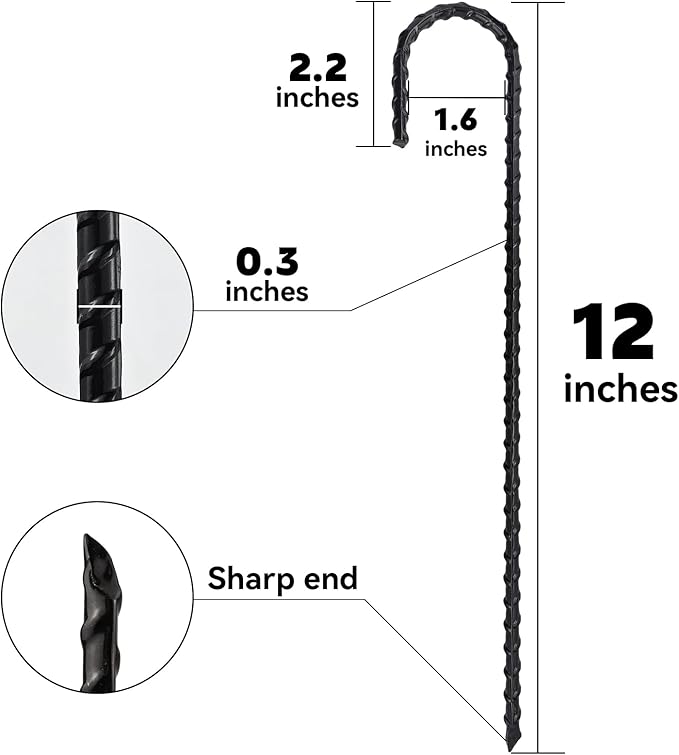 12 Inch J-Hook Rebar Stakes, HeavyDuty Anti-Rust Ground Anchors for Chainlink Fence, Garden Dog Fence, Sports nets, Camping Tent, Etc (80 Pack)