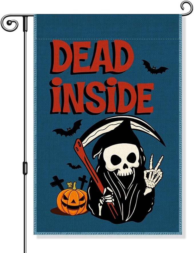 Dead Inside Garden Flag, Funny Pumpkin Spooky Yard Flag for Outside, Welcome Autumn Fall Halloween Front Porch Lawn Decoration, Funny Skeleton Peace Sign Home Banner