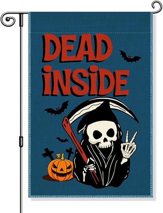 Dead Inside Garden Flag, Funny Pumpkin Spooky Yard Flag for Outside, Welcome Autumn Fall Halloween Front Porch Lawn Decoration, Funny Skeleton Peace Sign Home Banner