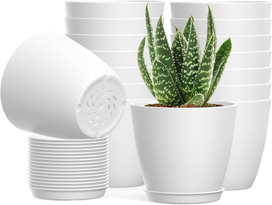 16 Pack 4 Inch Plant Pots with Drainage Holes and Saucers, Pots for Plant Indoor, Plastic Planters for Succulents and Small Plants, White