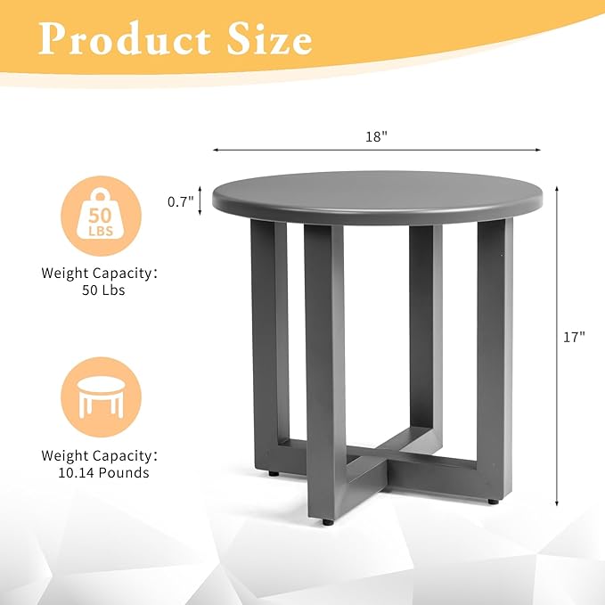 VINGLI Round Outdoor Side Table, Small Metal Outdoor Table Patio End Tables for Balcony, Porch, Garden and Poolside (Grey)