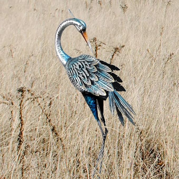 37 Inch Blue Heron Crane Statue, Metal Yard Art Outdoor Decoy, Garden Sculpture for Lawn/Pond Decoration, 1Pc, ORTBL-CR24053A-18