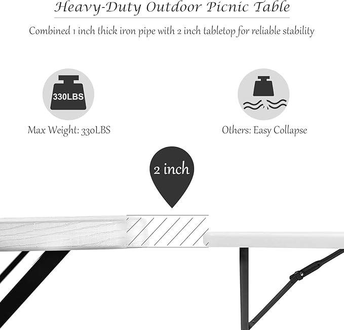Moccha Picnic Table Bench Set - Portable Plastic Picnic Table w/Steel Frame & Wood-Like Texture, All Weather Heavy Duty Picnic Table Kit, Picnic Tables for Outdoors Garden Patio Party Dining (White)