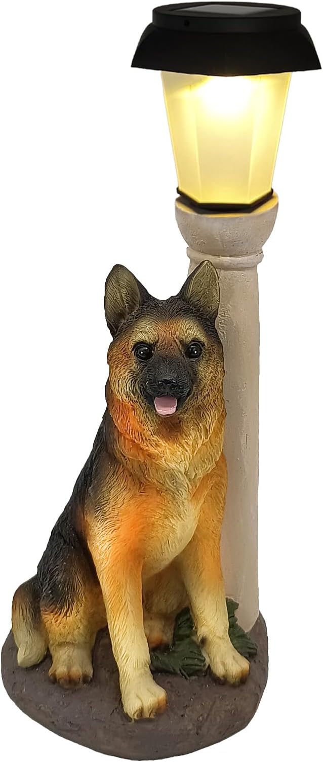 Solar Dog Garden Statues with Lantern, Resin German Shepherd Sculpture with Warm White Light for Outside Lawn Porch Patio