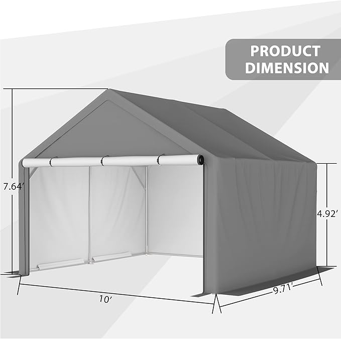 10x10 Ft Portable Outdoor Storage Shed,Bike Shed Storage Tent W/Double Zippers & 4 Tensioners,Carport W/Buckles & 6 Ground Pegs,Car Port Shelter for Garden,Motorcycle Shelter,Lawn,Gray