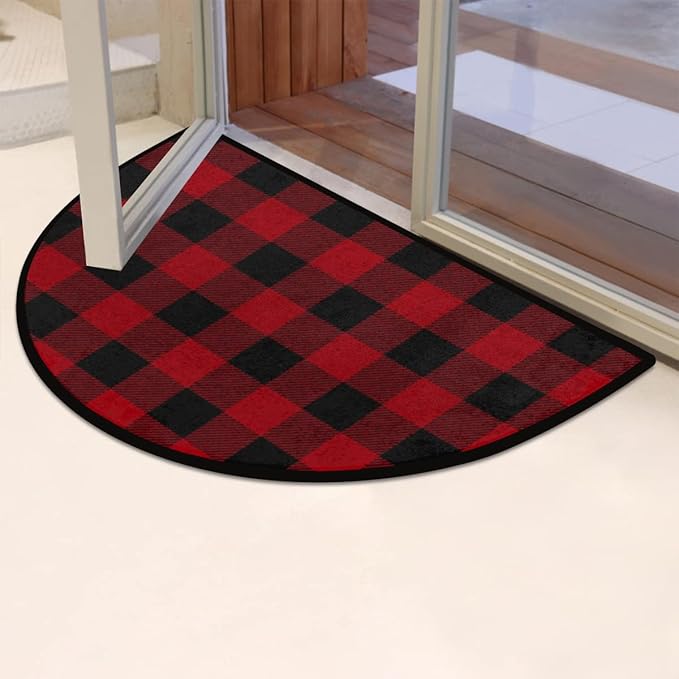 cfpolar Christmas Half Round Door Mat Buffalo Plaid Check Pattern Half Circle Mat Fireplace Rug Non-Slip Area Rug Low Profile Semicircle Doormats for Hearth Entry Garage Patio High Traffic Areas
