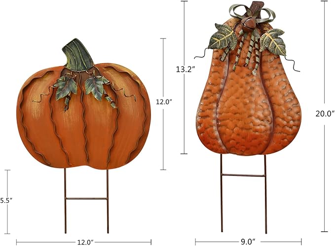 Metal Pumpkin Garden Stakes - Autumn Decorative Yard Signs - Indoor Outdoor Plant Flower Stake Fall Lawn Ornaments Pumpkin Decoration for Harvest Halloween (17.5"+20"-A)