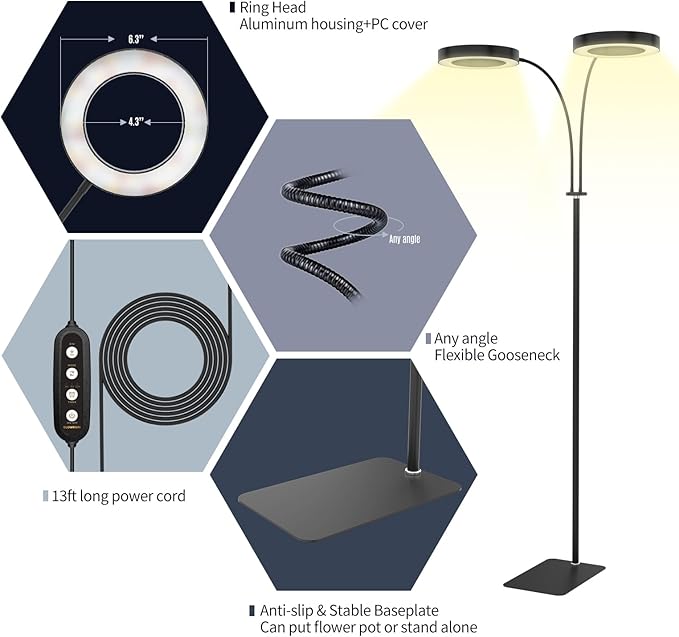 GLOWRIUM Grow Lights for Indoor Plants, 36W Full Spectrum 2-Head LED Plant Light with Stand, Adjustable Height, 3/9/12H Timer, 6 Dimmable Levels & 3 Lighting Modes(Black-Double Head)