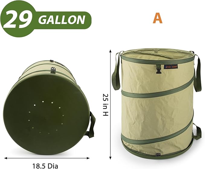 YUDI & GARDEN 29 Gallon Hard Bottom Collapsible Trash Can｜Collapsible Garden Bag｜Camping Trash Can, Green 2-Pack for Collecting Weeds or Party and Yard Waste
