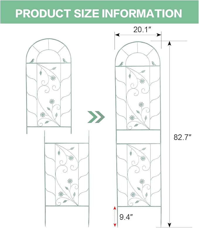 Sungmor Large Metal Garden Trellises for Climbing Plants - 82.5 Inch Tall & 2PC Green Pack - Beautiful Retro Style Metal Fence Trellis - Gardening Vines Plant Support for Flower Rose Climbing