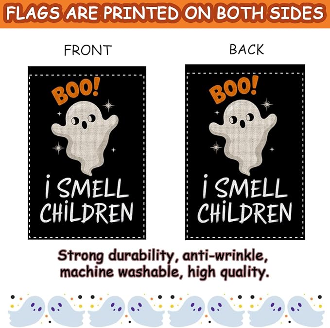 Fokongna Halloween Spooky Ghost BOO Garden Flag, I Smell Children Garden Flag Halloween Decor, 12x18 Inch Burlap Vertical Double Sided Flags, for Home Yard Outside Decorations