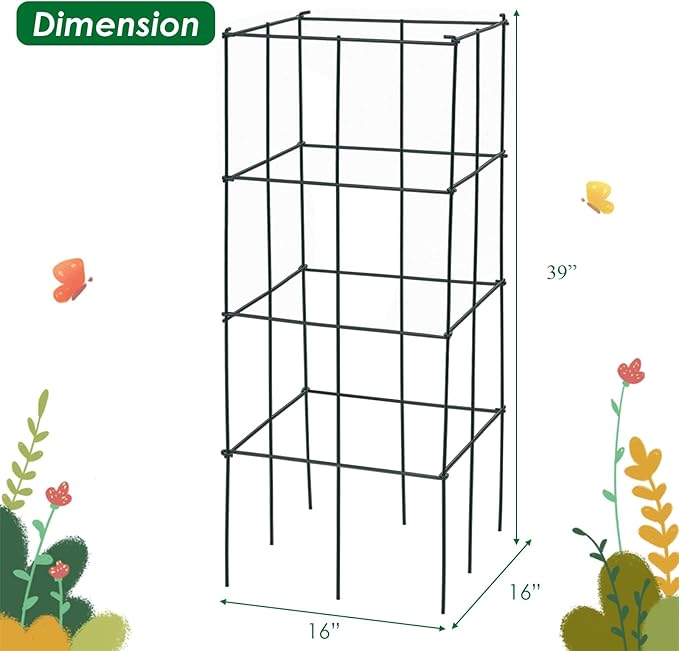 S AFSTAR 8 Pack Folding Tomato Cages, 39 Inches Tall Square Plant Support Cage for Garden Climbing Plants Flowers Fruits, Heavy Duty Tomato Vegetable Trellis