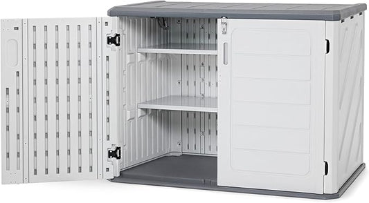 Macrout 25 Cu.Ft Small Plastic Outdoor Storage Cabinet with Shelves, 4.3 x 2.5 ft Waterproof Resin Outdoor Storage Shed with Floor, Lockable Horizontal Shed for Garden and Patio