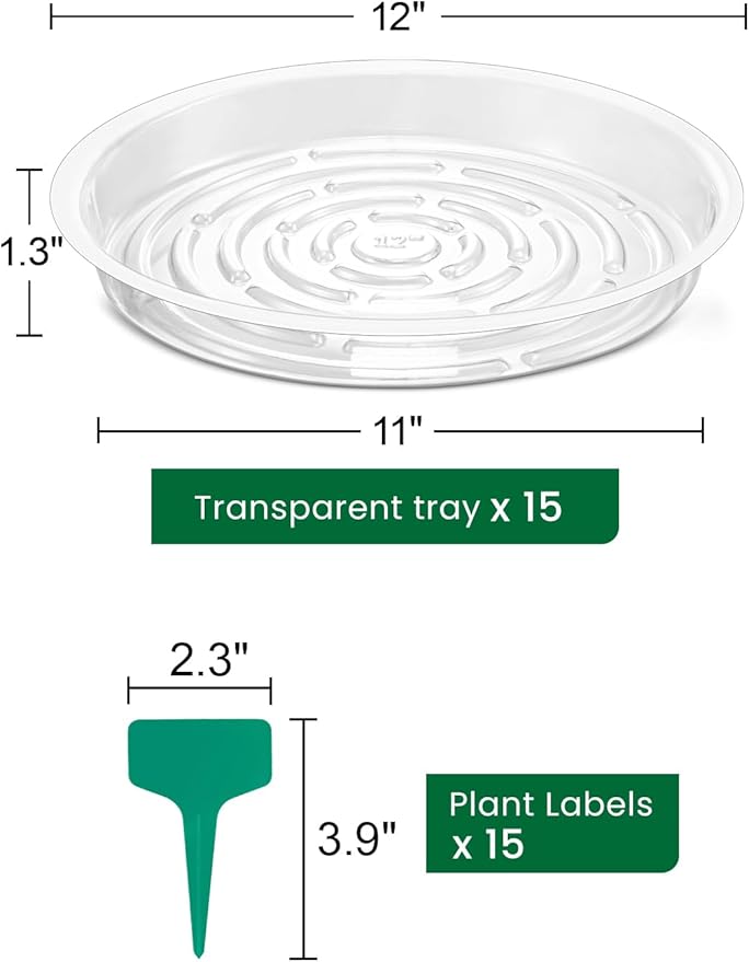 GROWNEER 15 Packs 12 Inches Clear Plant Saucers Flower Pot Trays, with 15 Pcs Plant Labels, Plastic Plant Saucer Drip Trays for Indoor Outdoor Plants Garden